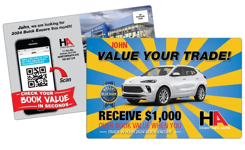 Auto dealership trade in offer personalized AcclaimMailer™ postcard offering $1,000 over blue book valuer