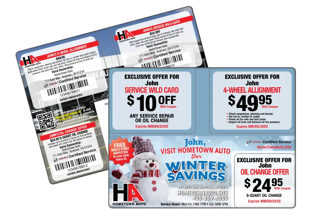 Auto Service AcclaimMailer™ personalized plastic postcard featuring threevbreak off cards