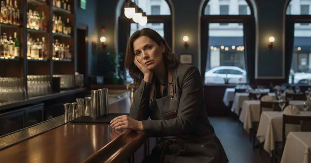 Bored waiter in an empty restaurant waiting for customers.