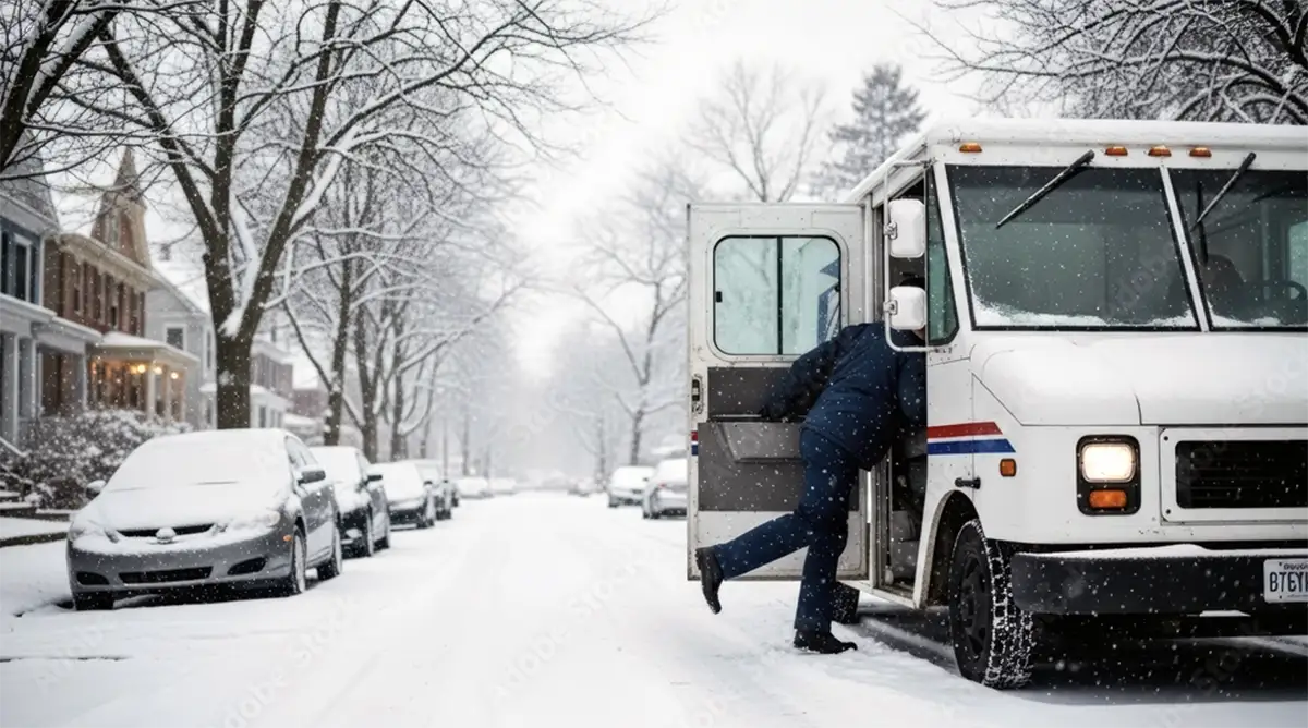 Mail being delivered by mail carrier on a snowy residential street in the winter.
