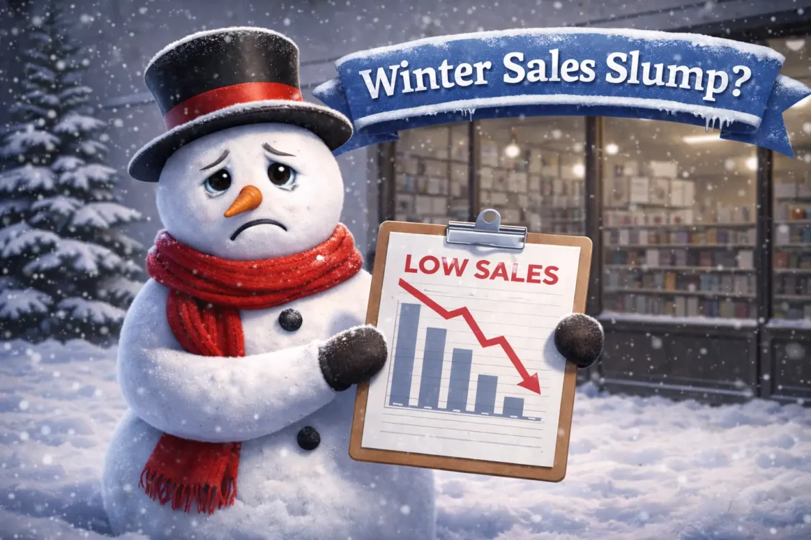 Illustration of Snowman with a declining bar chart depicting a winter sales slump.