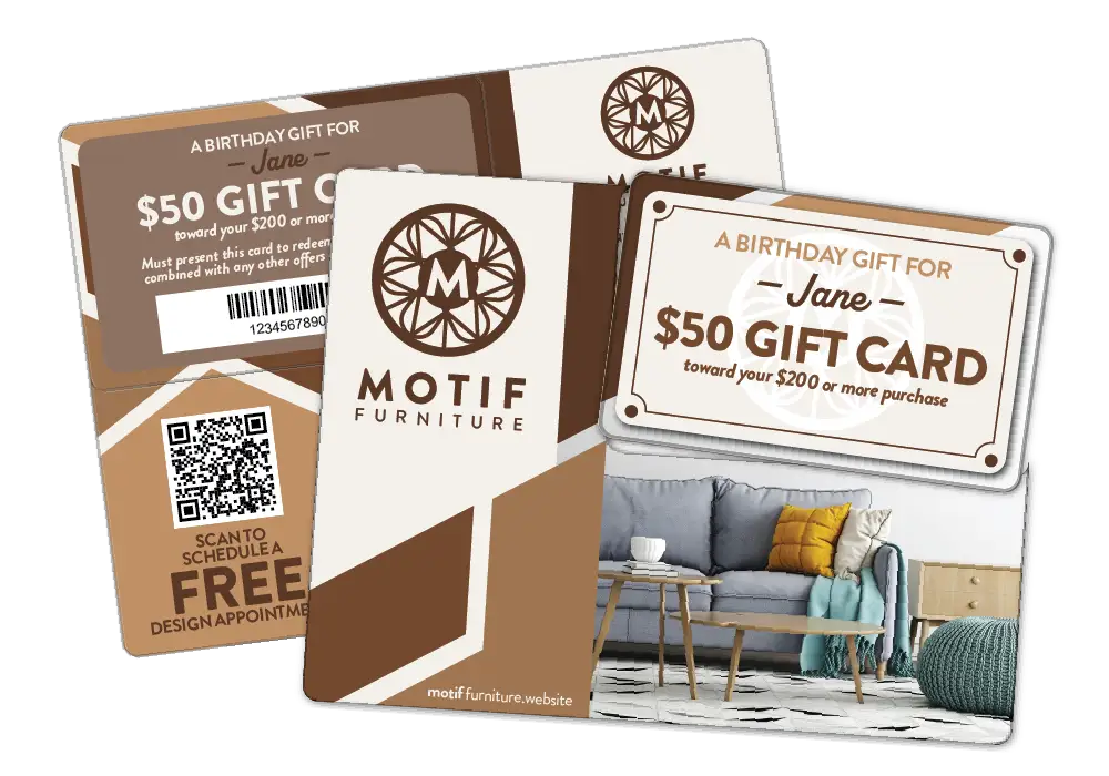 Furniture Store Birthday Acclaim™ direct mail plastic postcard with $50 gift card toward a $200 or more purchase and QR code to schedule free design appointment.