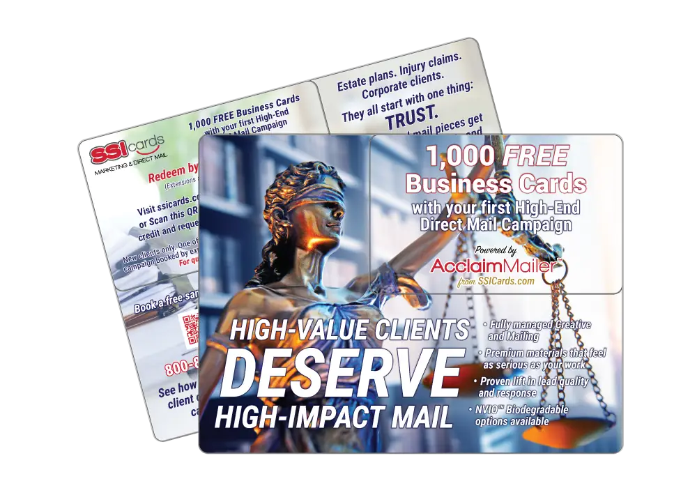 Law firm promo 1000 free business cards with first direct mail campaign