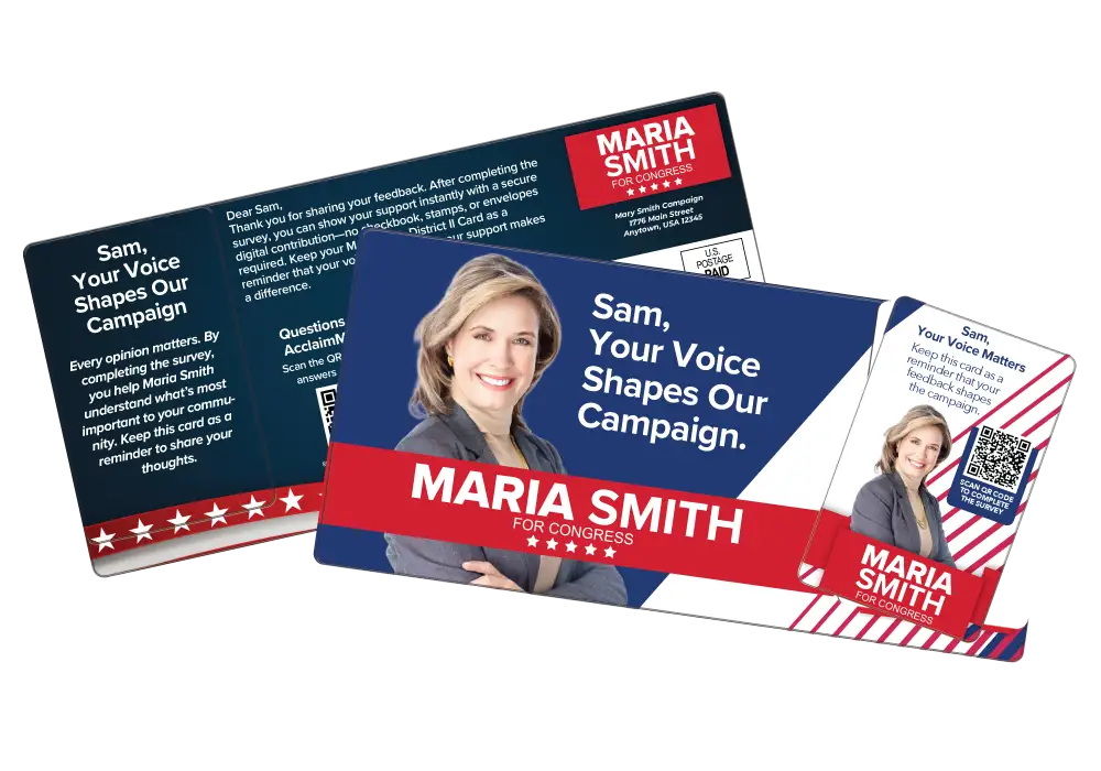Political AcclaimMailer™ direct mail plastic postcard with candidate survey through QR code.