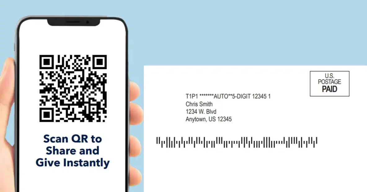 Back of postcard with image of hand holding phone with QR code on screen that says scan to share or give instantly.
