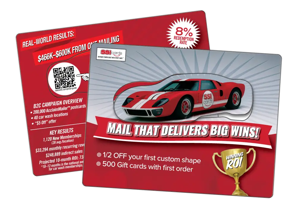 AcclaimMailer with Sportscar popout with 1/2 off custom shape and 500 Gift Cards with first order.