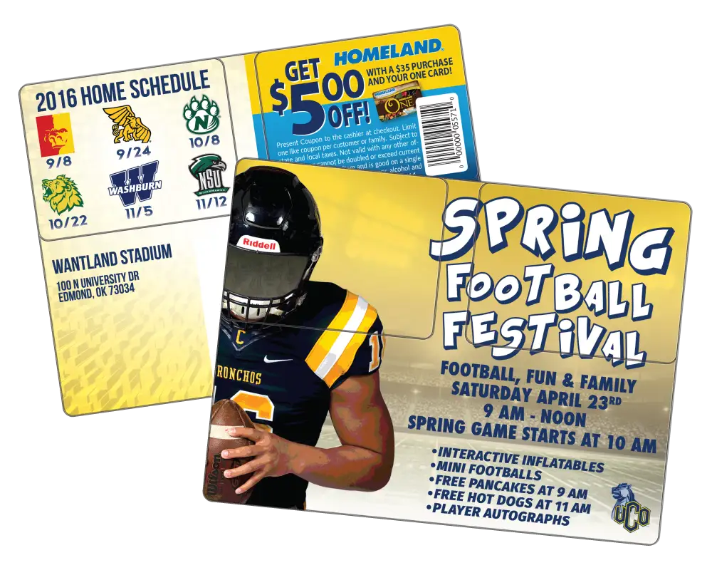Two-card AcclaimMailer™ plastic postcard for a university with a detachable football home schedule and a $5 OFF coupon for a local grpcery