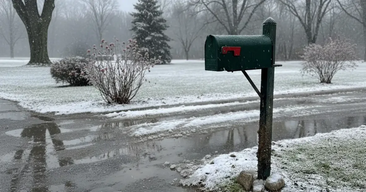 Icy winter weather showing mailbox with ice and snow.