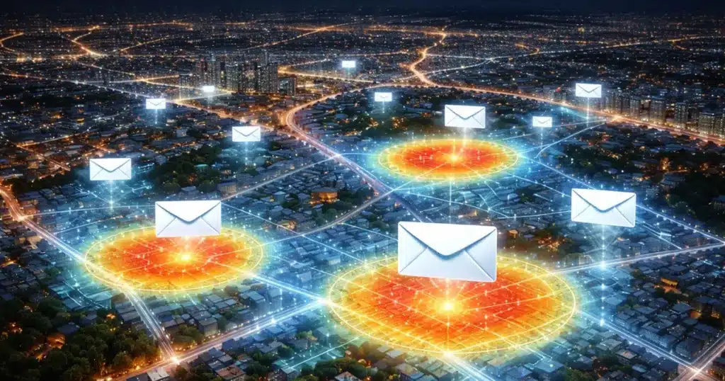 Envelopes hovering over areas on a city map to depict AI targeting for direct mail campaigns.