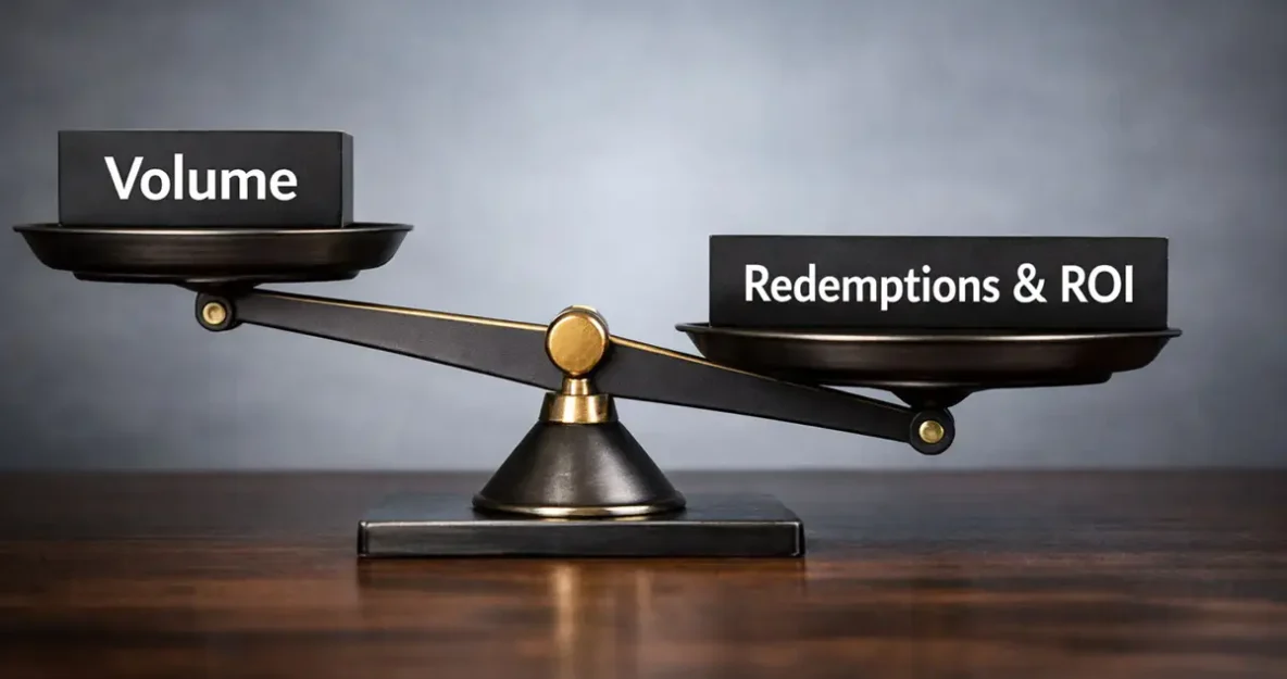 Scales showing Volume on one side and Redemptions and ROI on the other scale.