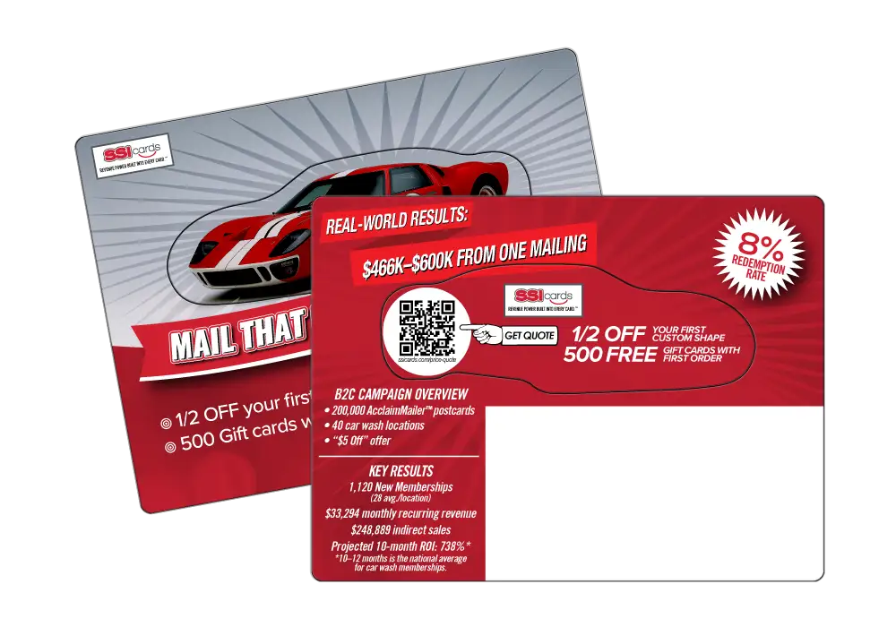 AcclaimMailer with Sportscar popout with 1/2 off custom shape and 500 Gift Cards with first order.