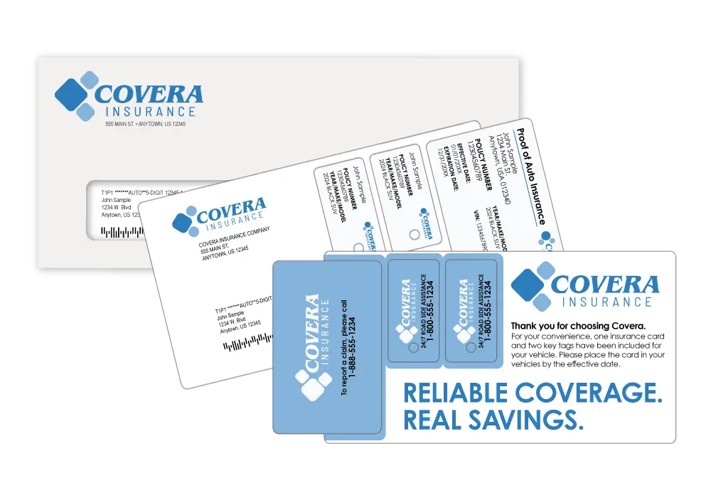 Proof of Insurance mailer featuring a wallet‑size insurance card, two key tags with roadside assistance information on one side and policy details on the other, and a matching envelope for an auto insurance company.
