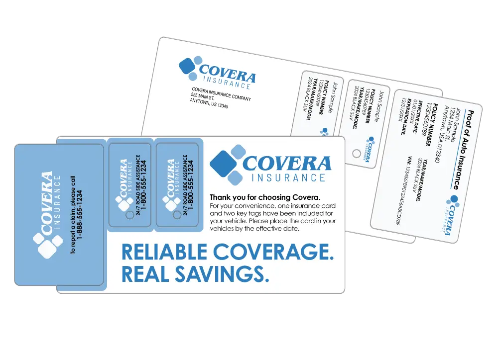 Proof of Insurance mailer featuring a wallet‑size insurance card, two key tags with roadside assistance information on one side and policy details on the other.