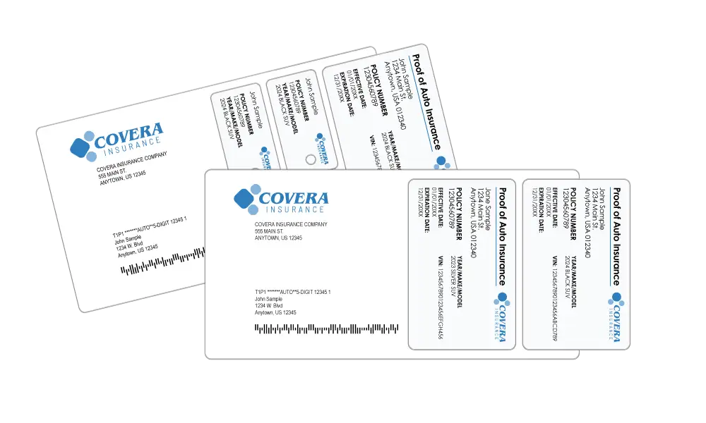 Proof of Insurance with a wallet‑size insurance card and two key tags with roadside assistance information on one side and policy details on the other and a second proof of insurance mailer featuring two wallet size cards for two different vehicles.