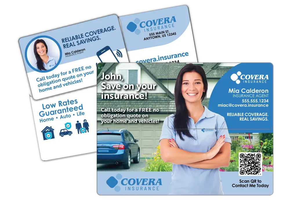 Insurance Agent Acclaim™ direct mail plastic postcard with break-off business card.