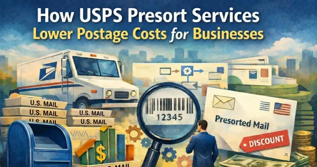 Illustration depicting how USPS (United States Postal Service) presort services lower postage costs for businesses.