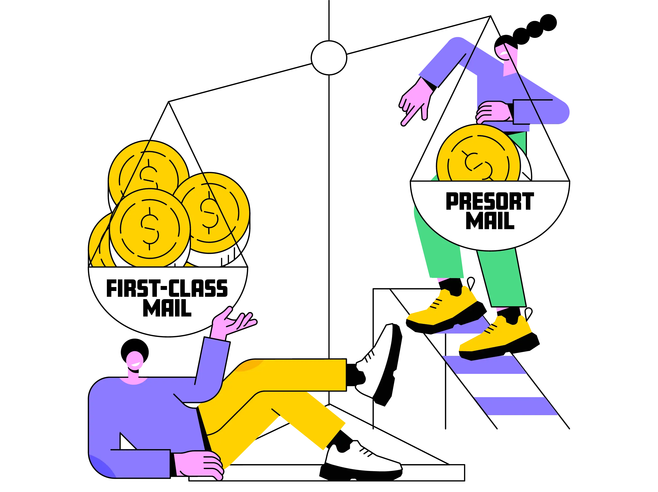 Illustration with two people and tipping scales depicting the cost difference between first-class mail and presort mail.