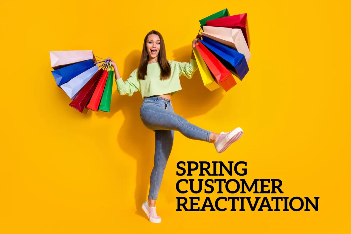 Spring customer reactivation depicted by a young woman with shopping bags in both hands against a yellow background