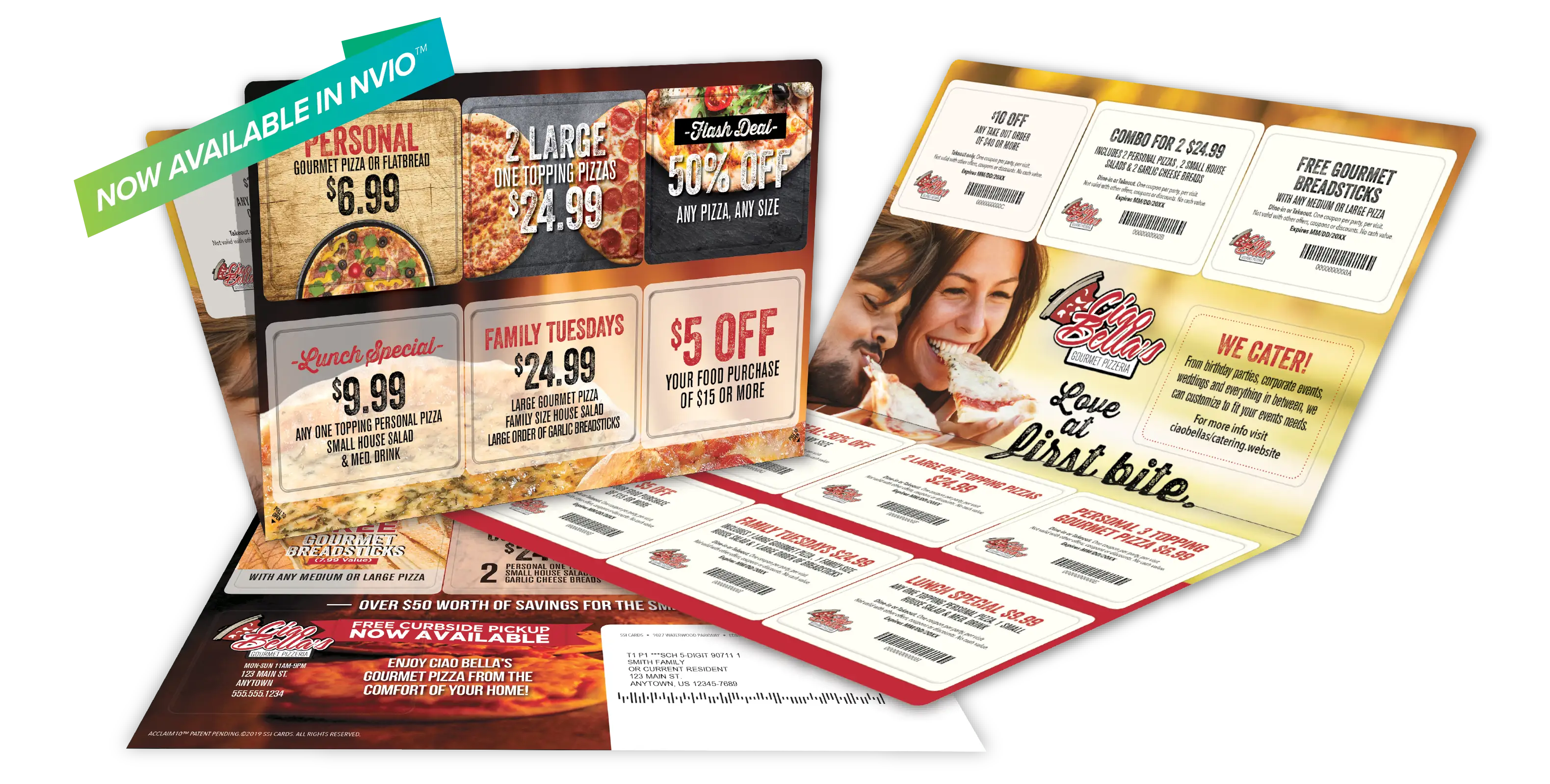 NVIO™ biodegradable Acclaim10™ jumbo size folding laminated self mailer with ten pop-out offer cards featuring a pizza restaurant.