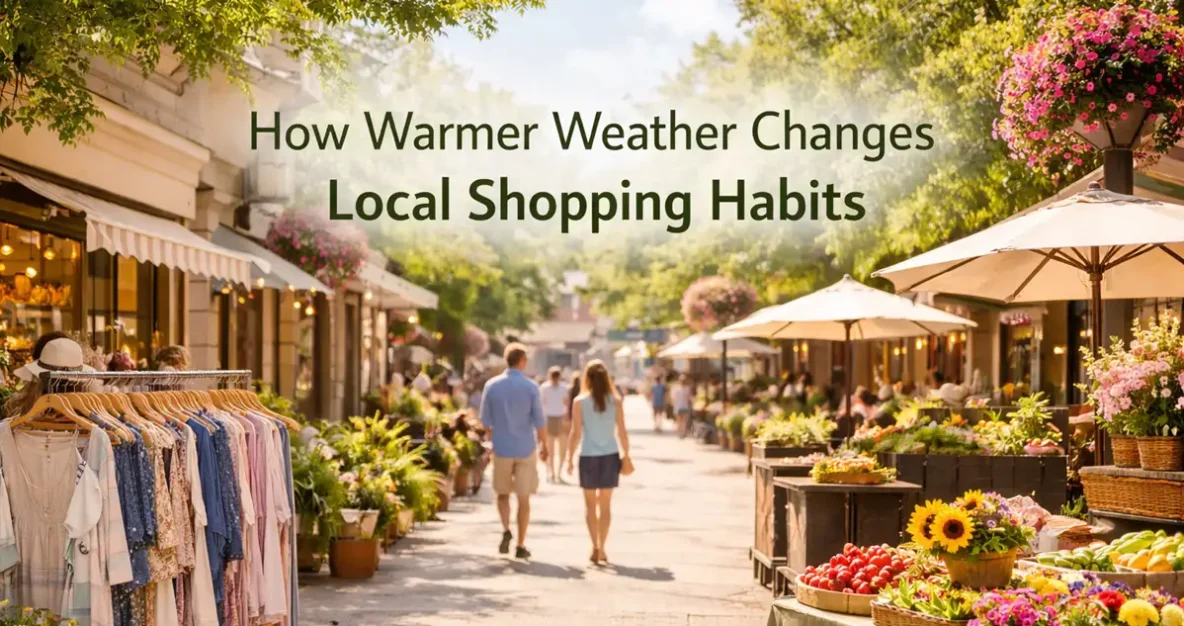 A couple strolling by local outdoor shops in warm spring sunshine, representing seasonal weather’s impact on local retail and shopping behavior.