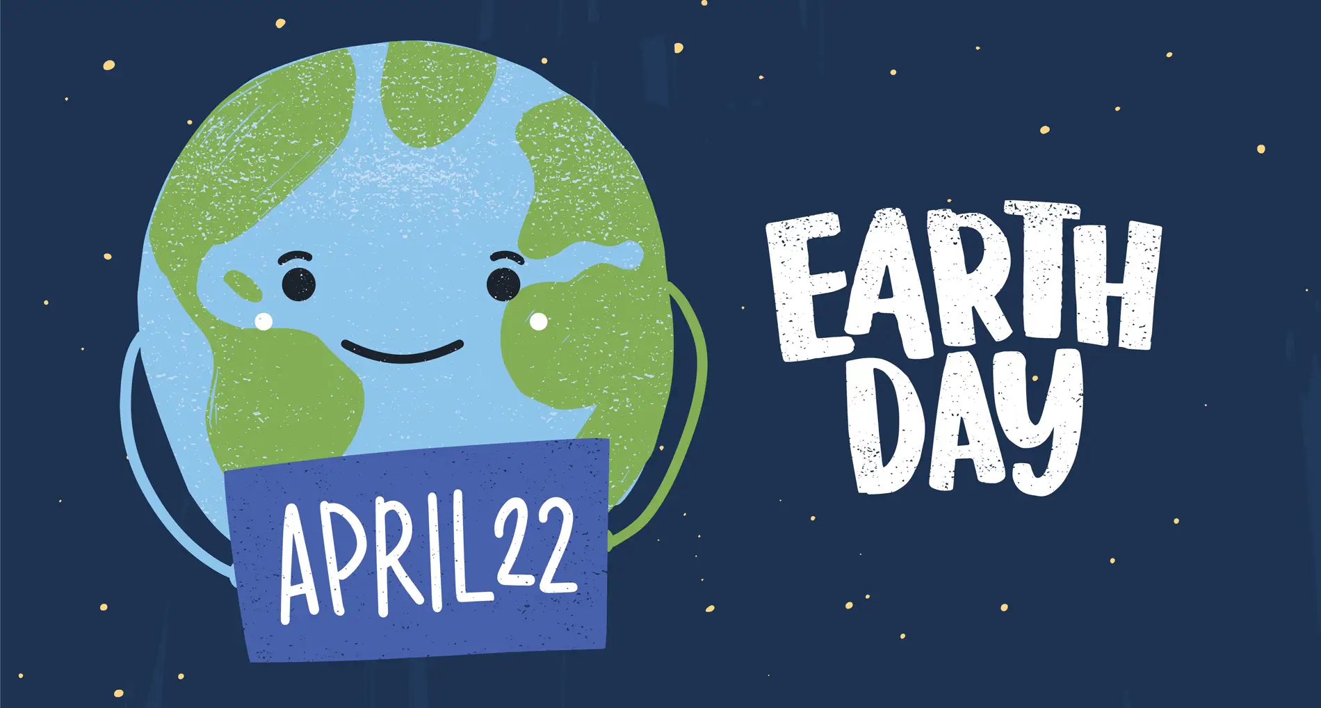 Smiling Earth character holding an April 22 sign, symbolizing Earth Day and environmental awareness.