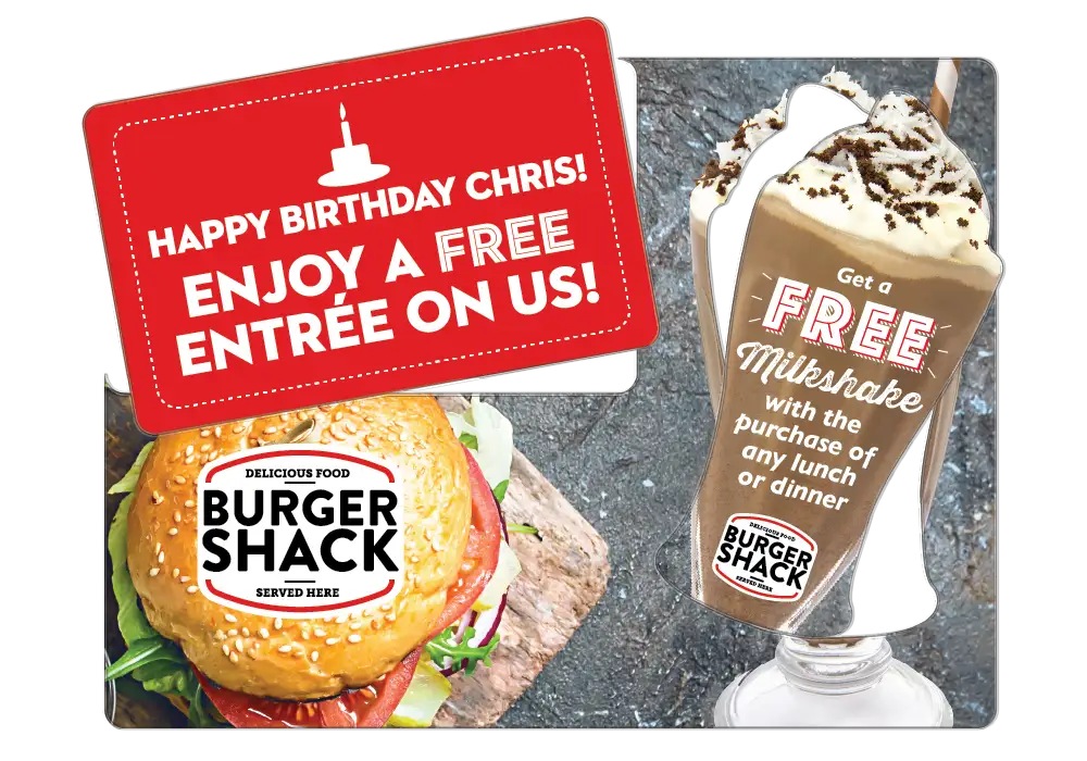 Personalized Restaurant AcclaimMailer™ plastic postcard with a custom shape for birthdays.
