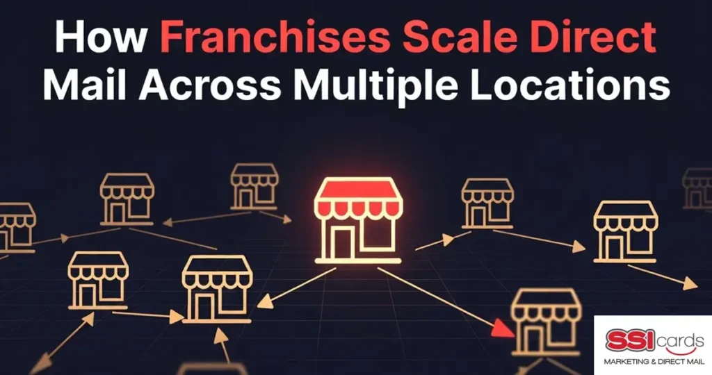 Franchise marketing strategy visual showing scalable direct mail campaigns across multiple locations with interconnected store icons.