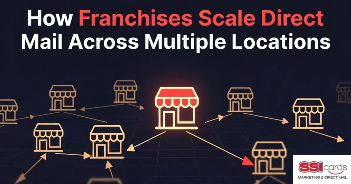 Franchise marketing strategy visual showing scalable direct mail campaigns across multiple locations with interconnected store icons.