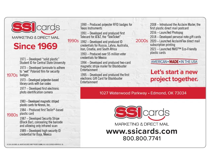 SSI Cards since 1969 timeline of accomplishments postcard