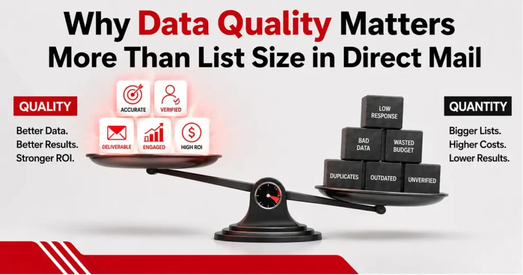 Balance scale graphic showing quality data outweighing quantity in direct mail, highlighting accuracy and ROI over wasted budget and bad data.