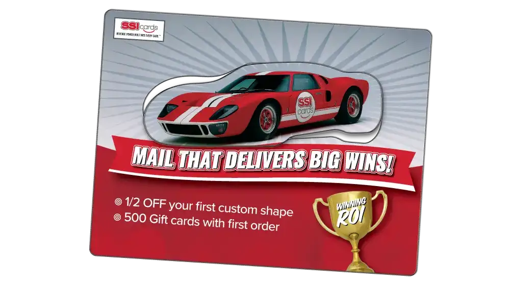 AcclaimMailer with Sportscar popout with 1/2 off custom shape and 500 Gift Cards with first order.