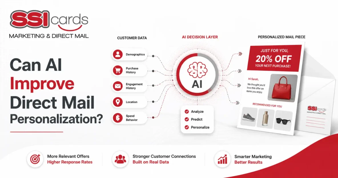 Infographic showing how AI improves direct mail personalization by analyzing customer demographics, purchase history, engagement history, location, and spending behavior to generate personalized direct mail offers, recommendations, and targeted marketing campaigns.
