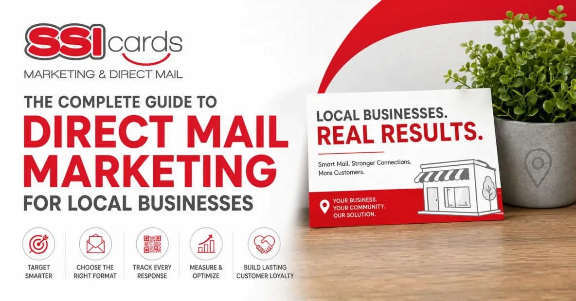 Direct mail marketing guide for local businesses by SSI Cards, featuring a direct mail postcard design, targeted marketing strategies, customer acquisition, response tracking, campaign optimization, and local business growth solutions.
