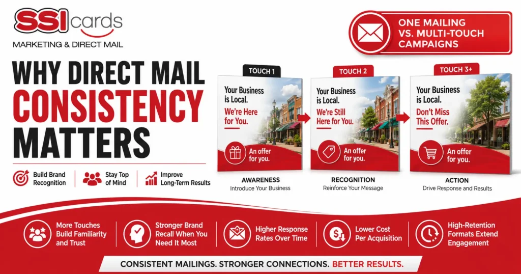 Why direct mail consistency matters infographic showing how multi-touch direct mail campaigns increase brand awareness, improve customer recognition, boost response rates, and deliver better ROI.