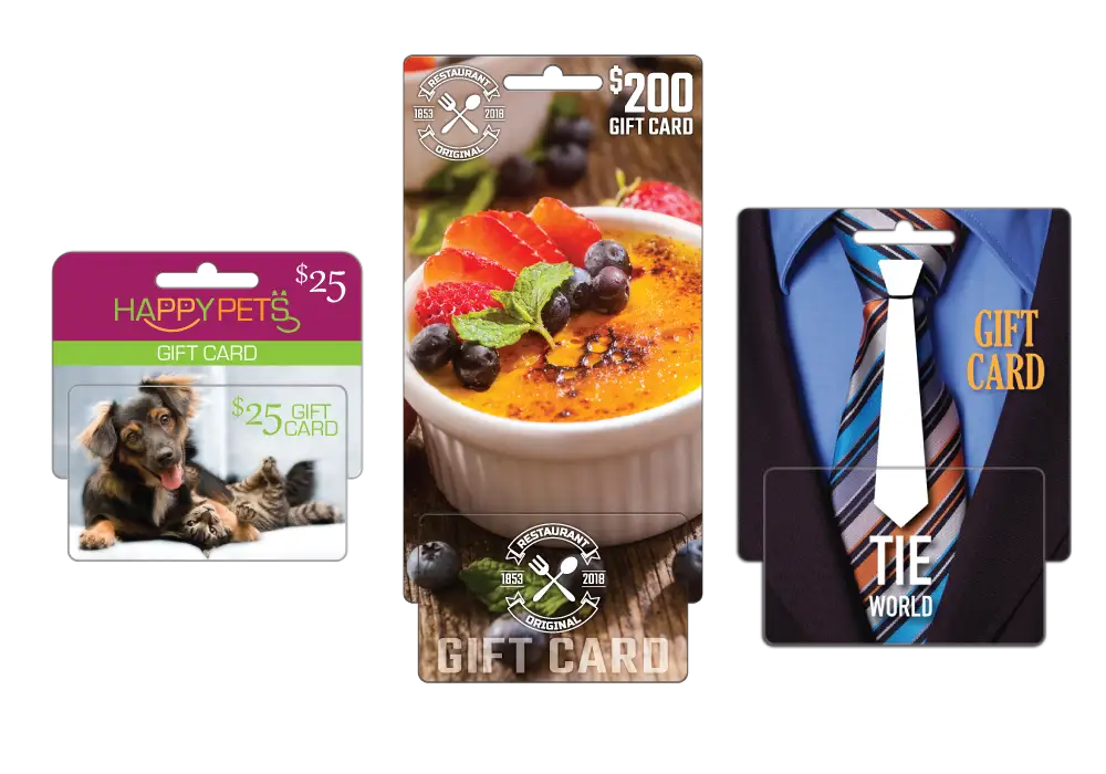 Assorted small, mid-size, and large hanging display gift cards for a pet store, restaurant and men's retail shop.