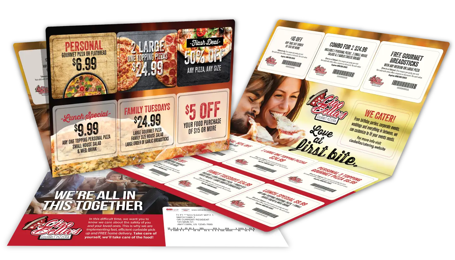 Acclaim10™ jumbo size folding laminated self mailer with ten pop-out offer cards featuring a pizza restaurant