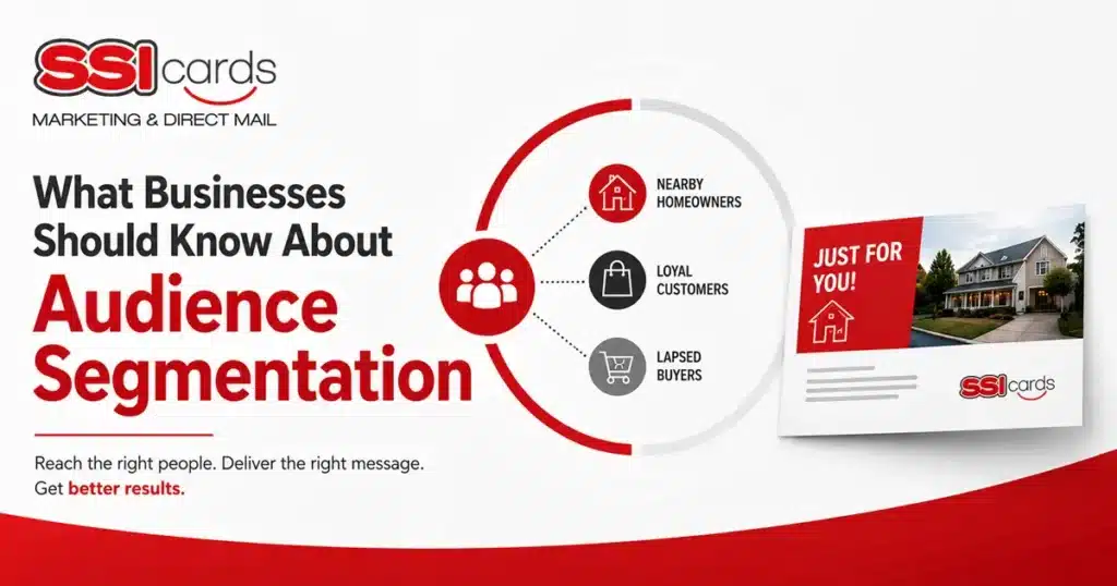 Audience segmentation graphic showing targeted direct mail marketing to nearby homeowners, loyal customers, and lapsed buyers for improved campaign performance.