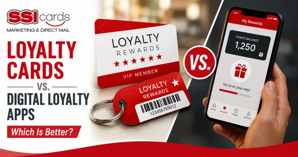 Comparison of traditional loyalty cards and digital loyalty apps, featuring a rewards membership card, key tag, and smartphone rewards program interface.