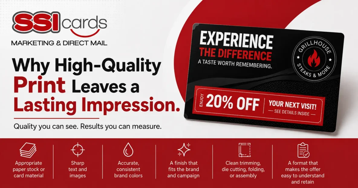 Professional direct mail postcard printed by SSI Cards, demonstrating high-quality print marketing with crisp text, accurate brand colors, premium card stock, custom finishing, and a promotional restaurant offer designed to increase customer engagement and response rates.