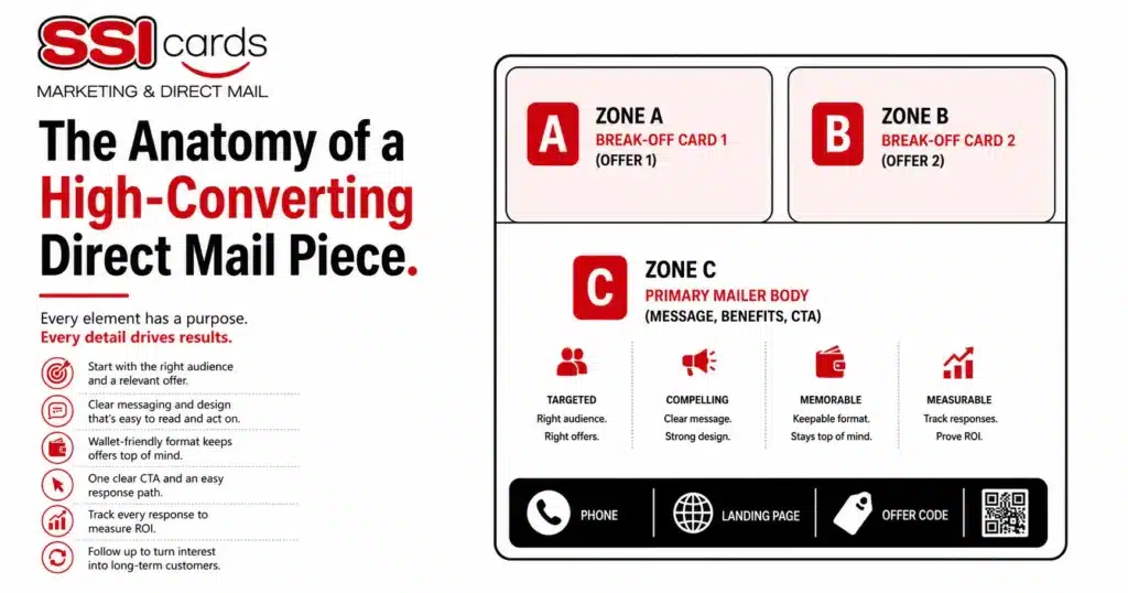 Direct mail marketing infographic illustrating the anatomy of a high-converting direct mail piece with offer placement, targeted messaging, call-to-action strategies, QR code integration, and response tracking.