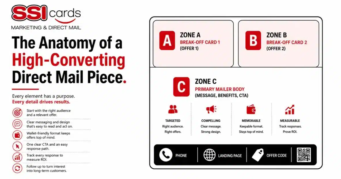 Direct mail marketing infographic illustrating the anatomy of a high-converting direct mail piece with offer placement, targeted messaging, call-to-action strategies, QR code integration, and response tracking.