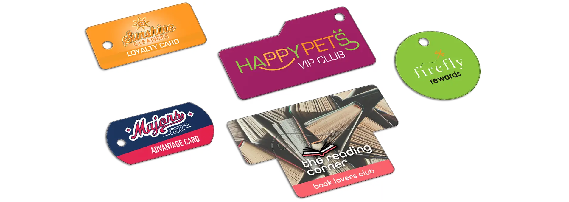A collection of single Teslin® key tags in various shapes, designed for diverse retail environments including a sporting goods store, dry cleaning service, pet shop, bookstore, and women’s boutique.