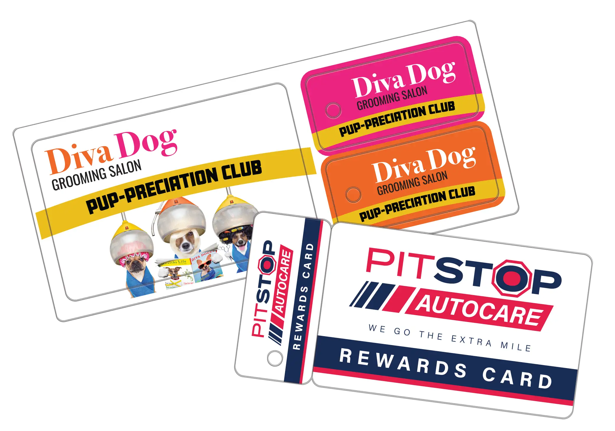 Loyalty cards for dog grooming and automotive servicing, featuring two detachable key tags on the dog grooming card and one detachable key tag on the automotive servicing card.