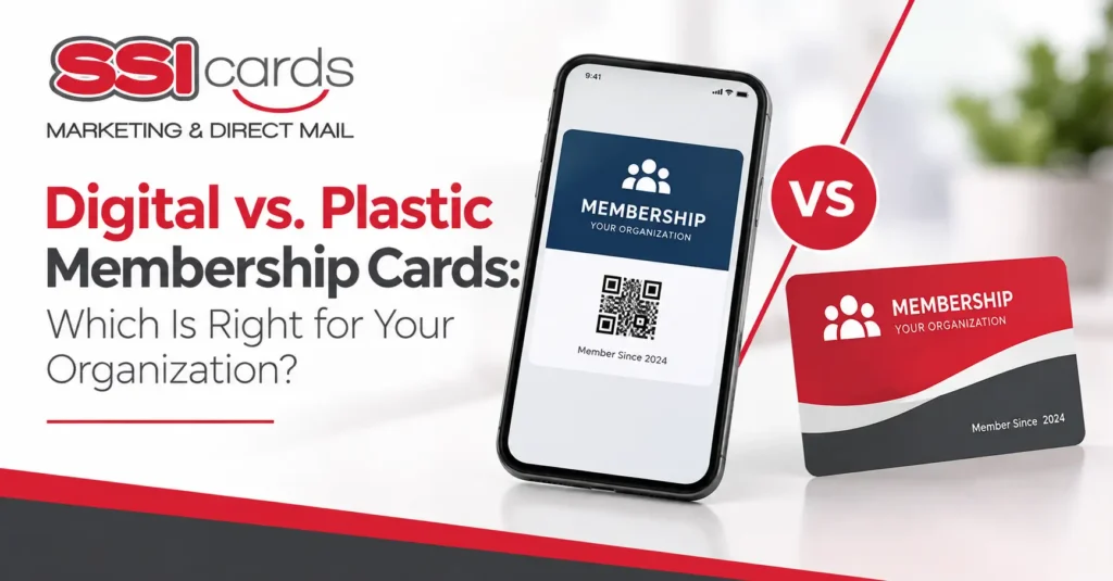 Digital membership card displayed on a smartphone compared to a plastic membership card, illustrating digital vs. plastic membership card options for organizations.