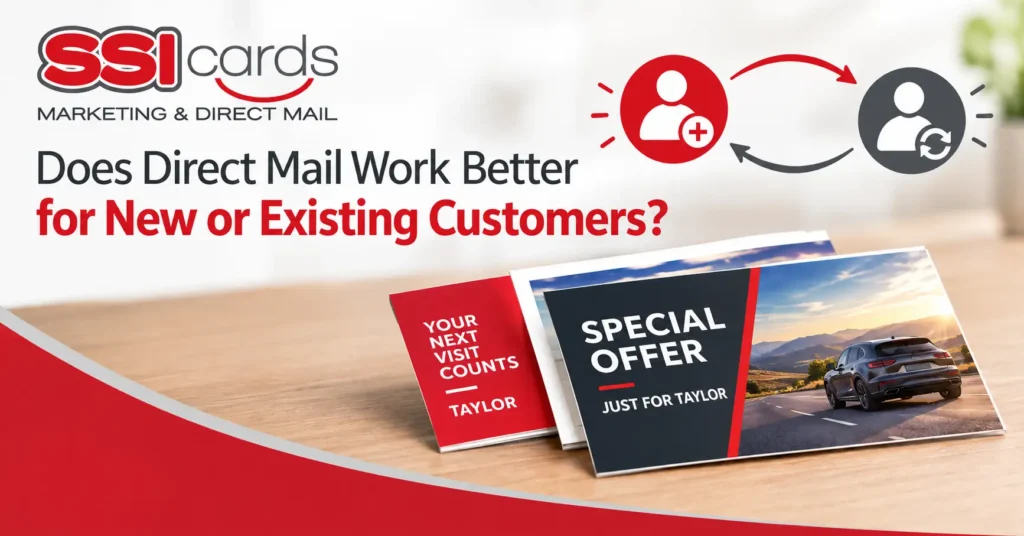 Direct mail marketing campaign comparing customer acquisition and customer retention strategies with personalized postcard offers for new and existing customers.