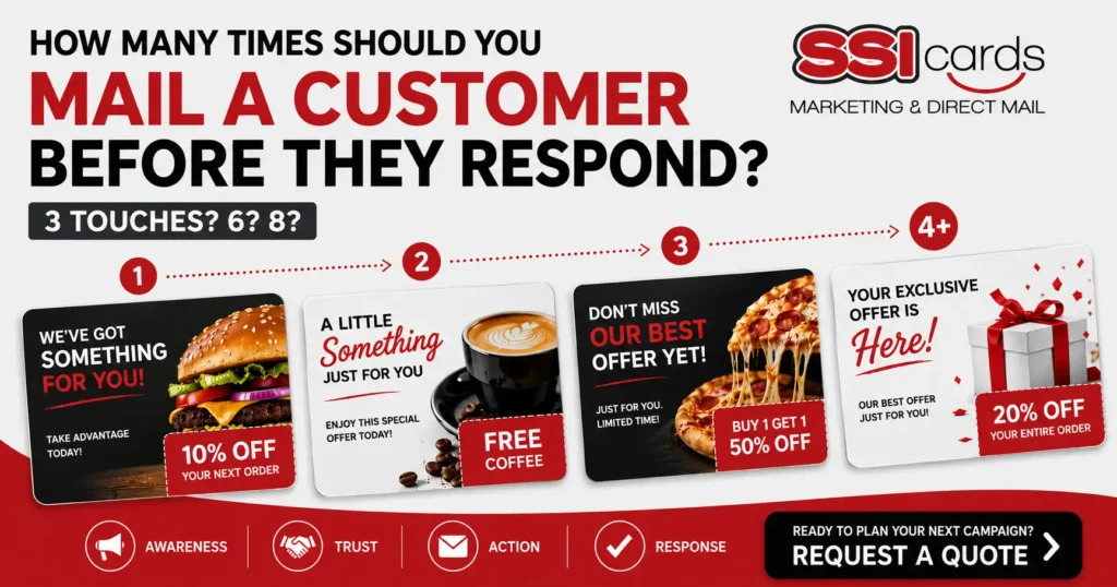 Direct mail marketing infographic illustrating how many times to mail a customer before receiving a response. The graphic shows a four-touch direct mail campaign featuring discount postcards, promotional offers, free coffee incentives, customer awareness, trust building, action, and response stages to improve marketing ROI and conversion rates.