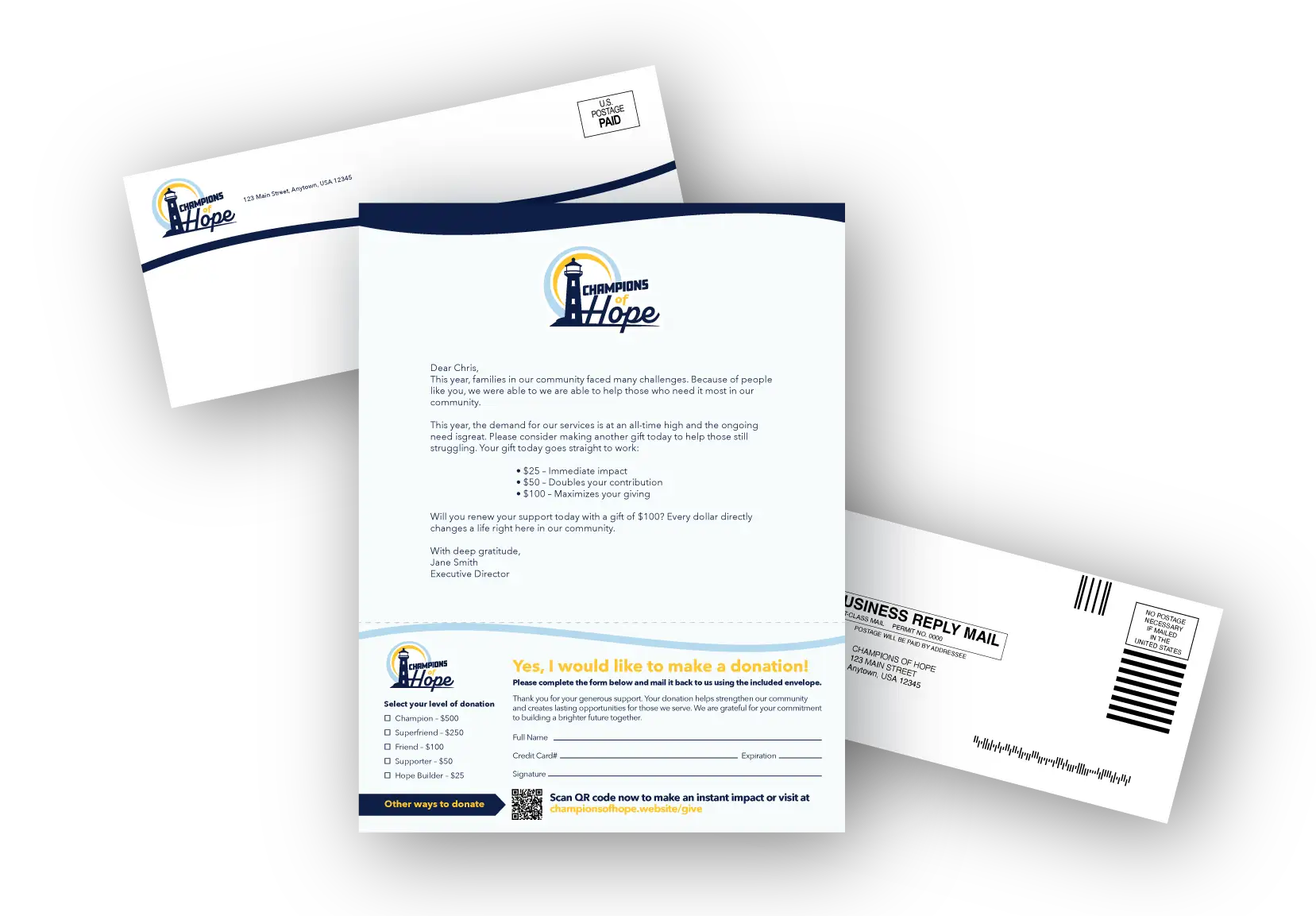 Direct mail nonprofit fundraising appeal including a donation request letter, branded outer envelope, and prepaid reply envelope with gift form for donor contributions and charitable support.