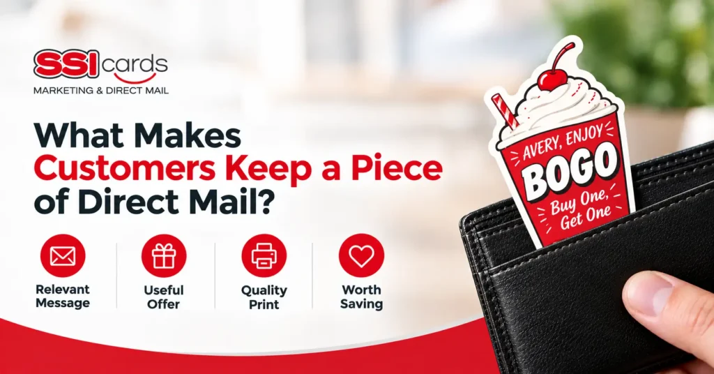 BOGO direct mail coupon in wallet showcasing effective direct mail marketing strategies, quality print, and savings offers.