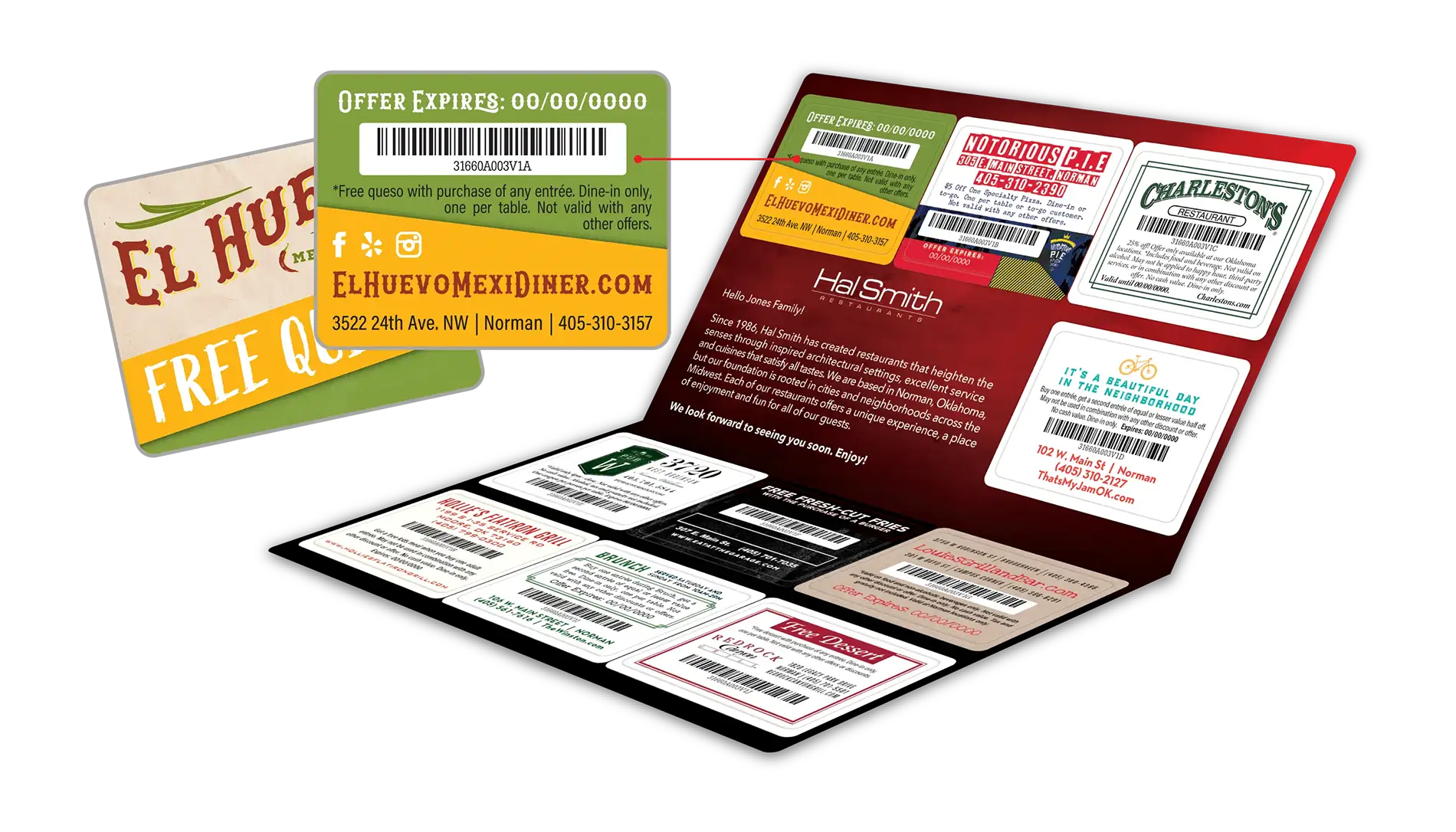 Inside view of Acclaim10™ jumbo size folding laminated self mailer with ten pop-out offer cards for restaurant group.