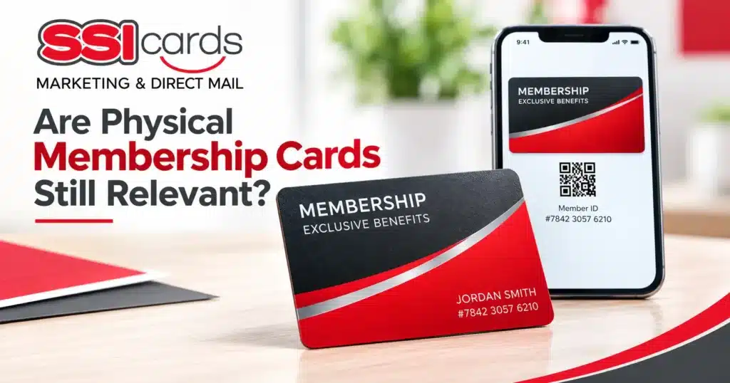 Physical membership cards and digital membership card displayed together, illustrating the continued relevance of membership card programs.